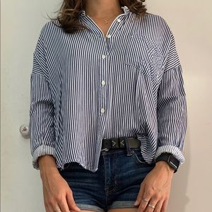 Navy blue/white striped cropped dress shirt
